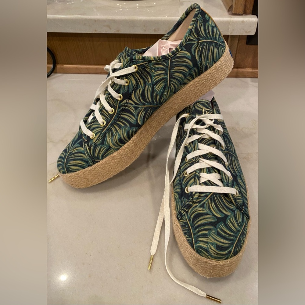 Keds Rifle Paper Co green palm sneakers w/ jute platform soles